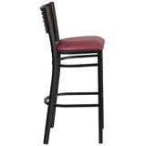 English Elm Commercial Grade Series Black Slat Back Metal Restaurant Barstool - Walnut Wood Back, Vinyl Seat