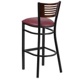 English Elm Commercial Grade Series Black Slat Back Metal Restaurant Barstool - Walnut Wood Back, Vinyl Seat