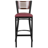 English Elm Commercial Grade Series Black Slat Back Metal Restaurant Barstool - Walnut Wood Back, Vinyl Seat