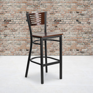 English Elm Commercial Grade Series Black Slat Back Metal Restaurant Barstool - Walnut Wood Back & Seat