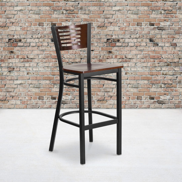 English Elm Commercial Grade Series Black Slat Back Metal Restaurant Barstool - Walnut Wood Back & Seat
