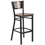 English Elm Commercial Grade Series Black Slat Back Metal Restaurant Barstool - Walnut Wood Back & Seat