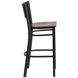 English Elm Commercial Grade Series Black Slat Back Metal Restaurant Barstool - Walnut Wood Back & Seat