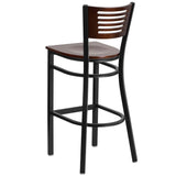 English Elm Commercial Grade Series Black Slat Back Metal Restaurant Barstool - Walnut Wood Back & Seat