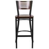 English Elm Commercial Grade Series Black Slat Back Metal Restaurant Barstool - Walnut Wood Back & Seat