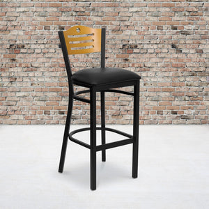 English Elm Commercial Grade Series Slat Back Metal Restaurant Barstool - Natural Wood Back, Vinyl Seat