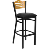 English Elm Commercial Grade Series Slat Back Metal Restaurant Barstool - Natural Wood Back, Vinyl Seat