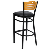 English Elm Commercial Grade Series Slat Back Metal Restaurant Barstool - Natural Wood Back, Vinyl Seat