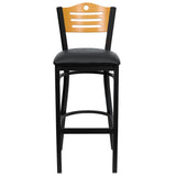 English Elm Commercial Grade Series Slat Back Metal Restaurant Barstool - Natural Wood Back, Vinyl Seat