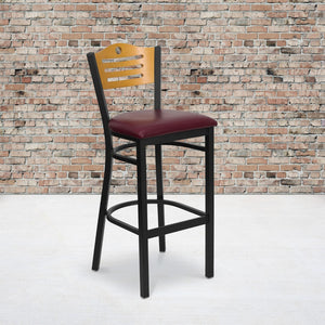 English Elm Commercial Grade Series Black Slat Back Metal Restaurant Barstool - Natural Wood Back, Vinyl Seat