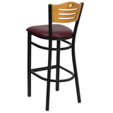 English Elm Commercial Grade Series Black Slat Back Metal Restaurant Barstool - Natural Wood Back, Vinyl Seat