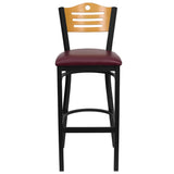 English Elm Commercial Grade Series Black Slat Back Metal Restaurant Barstool - Natural Wood Back, Vinyl Seat