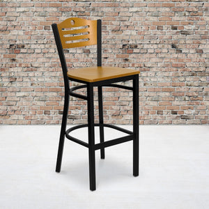 English Elm Commercial Grade Series Black Slat Back Metal Restaurant Barstool - Wood Back & Seat