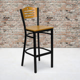 Commercial Grade Series Black Slat Back Metal Restaurant Barstool - Wood Back & Seat