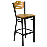 English Elm Commercial Grade Series Black Slat Back Metal Restaurant Barstool - Wood Back & Seat