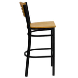 English Elm Commercial Grade Series Black Slat Back Metal Restaurant Barstool - Wood Back & Seat