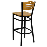 English Elm Commercial Grade Series Black Slat Back Metal Restaurant Barstool - Wood Back & Seat