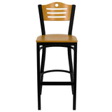 English Elm Commercial Grade Series Black Slat Back Metal Restaurant Barstool - Wood Back & Seat