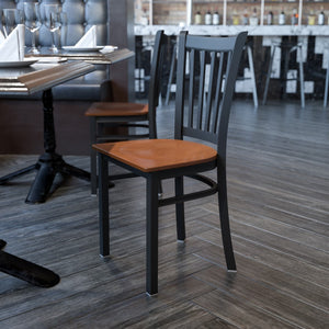 English Elm Commercial Grade Series Black Vertical Back Metal Restaurant Chair - Cherry Wood Seat