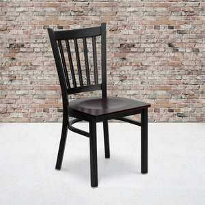 English Elm Commercial Grade Series Black Vertical Back Metal Restaurant Chair - Mahogany Wood Seat