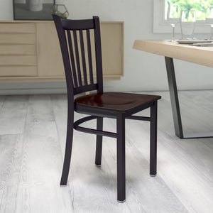 English Elm Commercial Grade Series Black Vertical Back Metal Restaurant Chair - Walnut Wood Seat