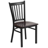 English Elm Commercial Grade Series Black Vertical Back Metal Restaurant Chair - Walnut Wood Seat