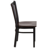 English Elm Commercial Grade Series Black Vertical Back Metal Restaurant Chair - Walnut Wood Seat