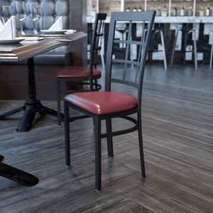 English Elm Commercial Grade Series Black Window Back Metal Restaurant Chair - Vinyl Seat