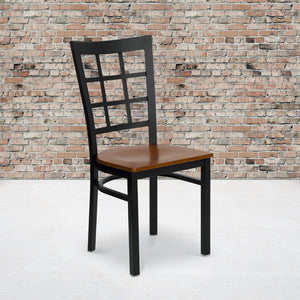 English Elm Commercial Grade Series Black Window Back Metal Restaurant Chair - Cherry Wood Seat