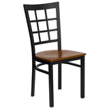 English Elm Commercial Grade Series Black Window Back Metal Restaurant Chair - Cherry Wood Seat