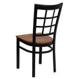 English Elm Commercial Grade Series Black Window Back Metal Restaurant Chair - Cherry Wood Seat