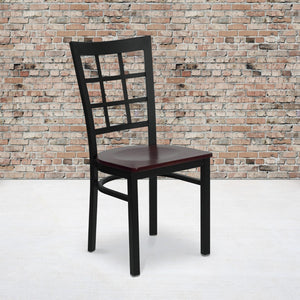 English Elm Commercial Grade Series Black Window Back Metal Restaurant Chair - Mahogany Wood Seat