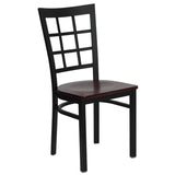 English Elm Commercial Grade Series Black Window Back Metal Restaurant Chair - Mahogany Wood Seat