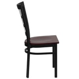 English Elm Commercial Grade Series Black Window Back Metal Restaurant Chair - Mahogany Wood Seat