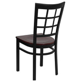 English Elm Commercial Grade Series Black Window Back Metal Restaurant Chair - Mahogany Wood Seat