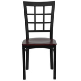 English Elm Commercial Grade Series Black Window Back Metal Restaurant Chair - Mahogany Wood Seat