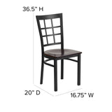 English Elm Commercial Grade Series Black Window Back Metal Restaurant Chair - Walnut Wood Seat