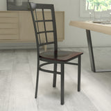 English Elm Commercial Grade Series Black Window Back Metal Restaurant Chair - Walnut Wood Seat