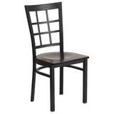 English Elm Commercial Grade Series Black Window Back Metal Restaurant Chair - Walnut Wood Seat