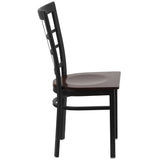 English Elm Commercial Grade Series Black Window Back Metal Restaurant Chair - Walnut Wood Seat