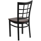 English Elm Commercial Grade Series Black Window Back Metal Restaurant Chair - Walnut Wood Seat