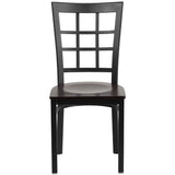 English Elm Commercial Grade Series Black Window Back Metal Restaurant Chair - Walnut Wood Seat