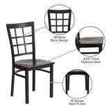 English Elm Commercial Grade Series Black Window Back Metal Restaurant Chair - Walnut Wood Seat