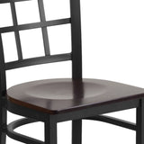 English Elm Commercial Grade Series Black Window Back Metal Restaurant Chair - Walnut Wood Seat