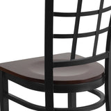 English Elm Commercial Grade Series Black Window Back Metal Restaurant Chair - Walnut Wood Seat