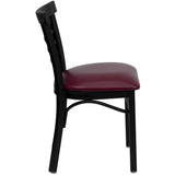 English Elm Commercial Grade Series Black Three-Slat Ladder Back Metal Restaurant Chair - Vinyl Seat