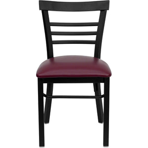English Elm Commercial Grade Series Black Three-Slat Ladder Back Metal Restaurant Chair - Vinyl Seat