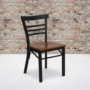 English Elm Commercial Grade Series Black Three-Slat Ladder Back Metal Restaurant Chair - Cherry Wood Seat