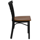 English Elm Commercial Grade Series Black Three-Slat Ladder Back Metal Restaurant Chair - Cherry Wood Seat