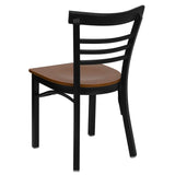 English Elm Commercial Grade Series Black Three-Slat Ladder Back Metal Restaurant Chair - Cherry Wood Seat